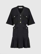 Black Short Sleeve Gold Button Front Crochet Knit Dress with Pleated Hem - FINAL SALE